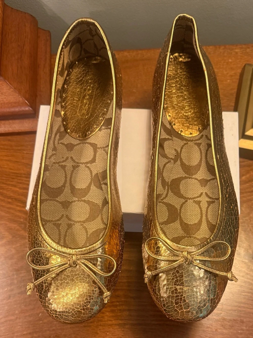 Coach Lonnie Metallic Gold Crackle Ballet Flats with Bow Size 10